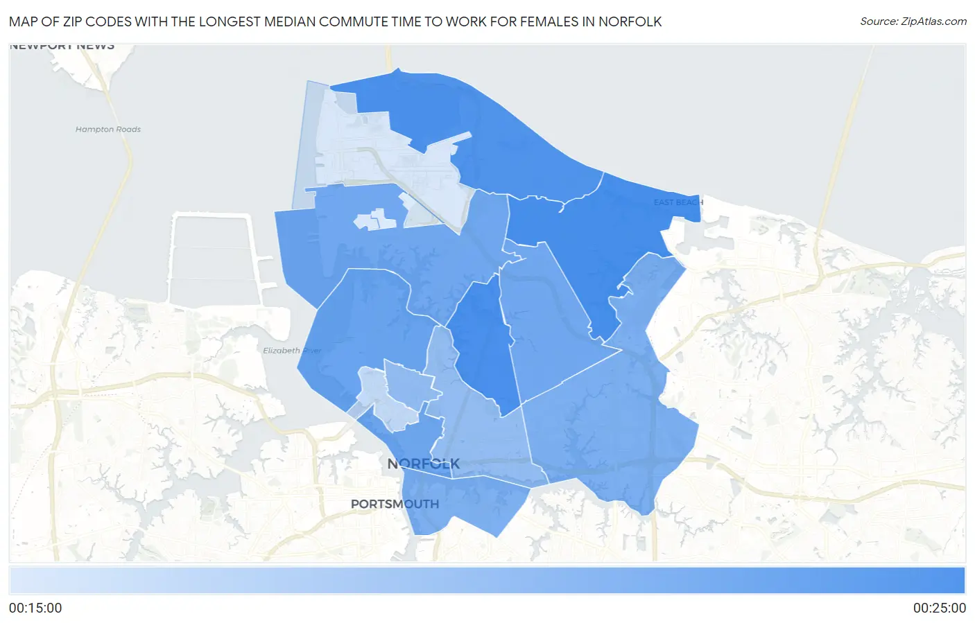 Zip Codes with the Longest Median Commute Time to Work for Females in Norfolk Map