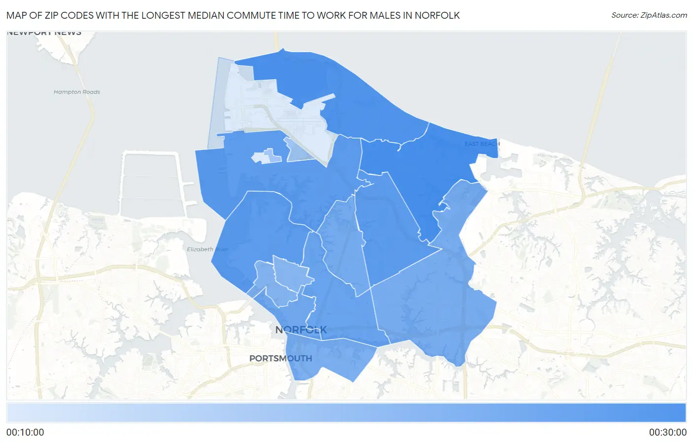 Zip Codes with the Longest Median Commute Time to Work for Males in Norfolk Map