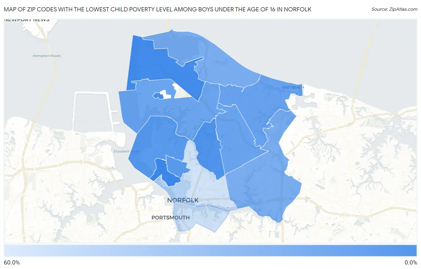 Zip Codes with the Lowest Child Poverty Level Among Boys Under the Age of 16 in Norfolk Map