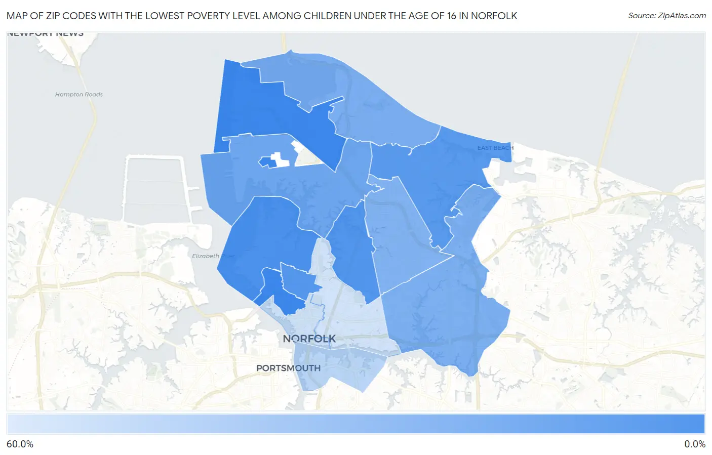 Zip Codes with the Lowest Poverty Level Among Children Under the Age of 16 in Norfolk Map