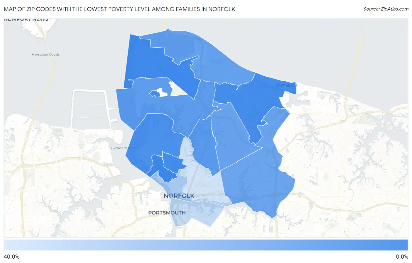 Zip Codes with the Lowest Poverty Level Among Families in Norfolk Map