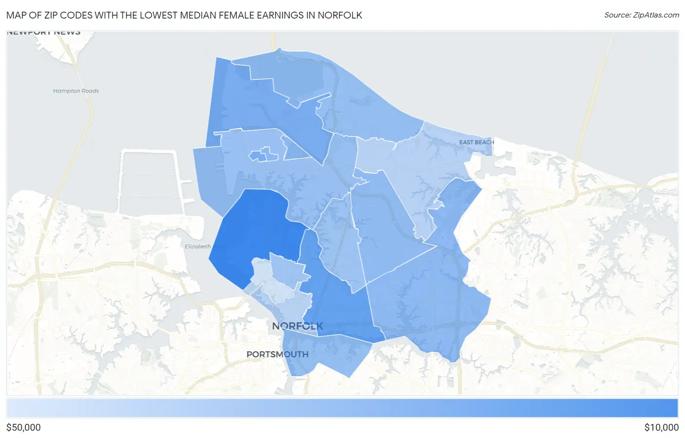 Zip Codes with the Lowest Median Female Earnings in Norfolk Map