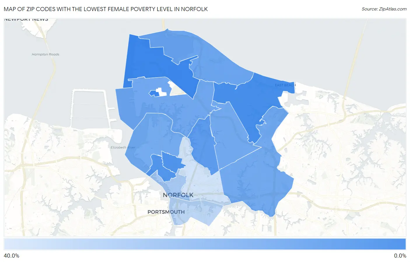 Zip Codes with the Lowest Female Poverty Level in Norfolk Map