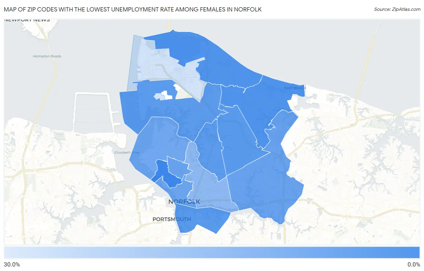 Zip Codes with the Lowest Unemployment Rate Among Females in Norfolk Map