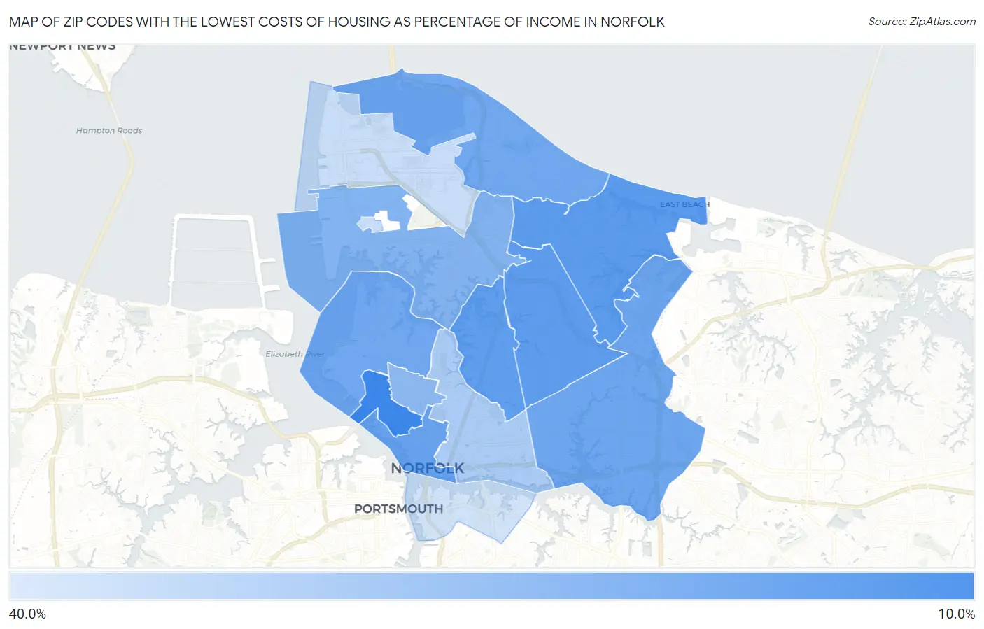 Zip Codes with the Lowest Costs of Housing as Percentage of Income in Norfolk Map