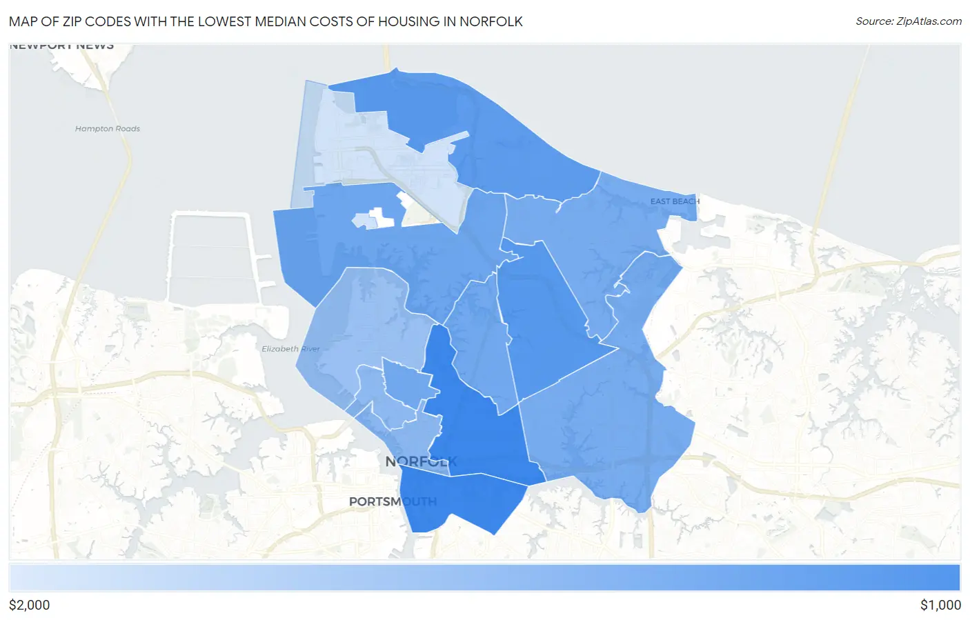 Zip Codes with the Lowest Median Costs of Housing in Norfolk Map