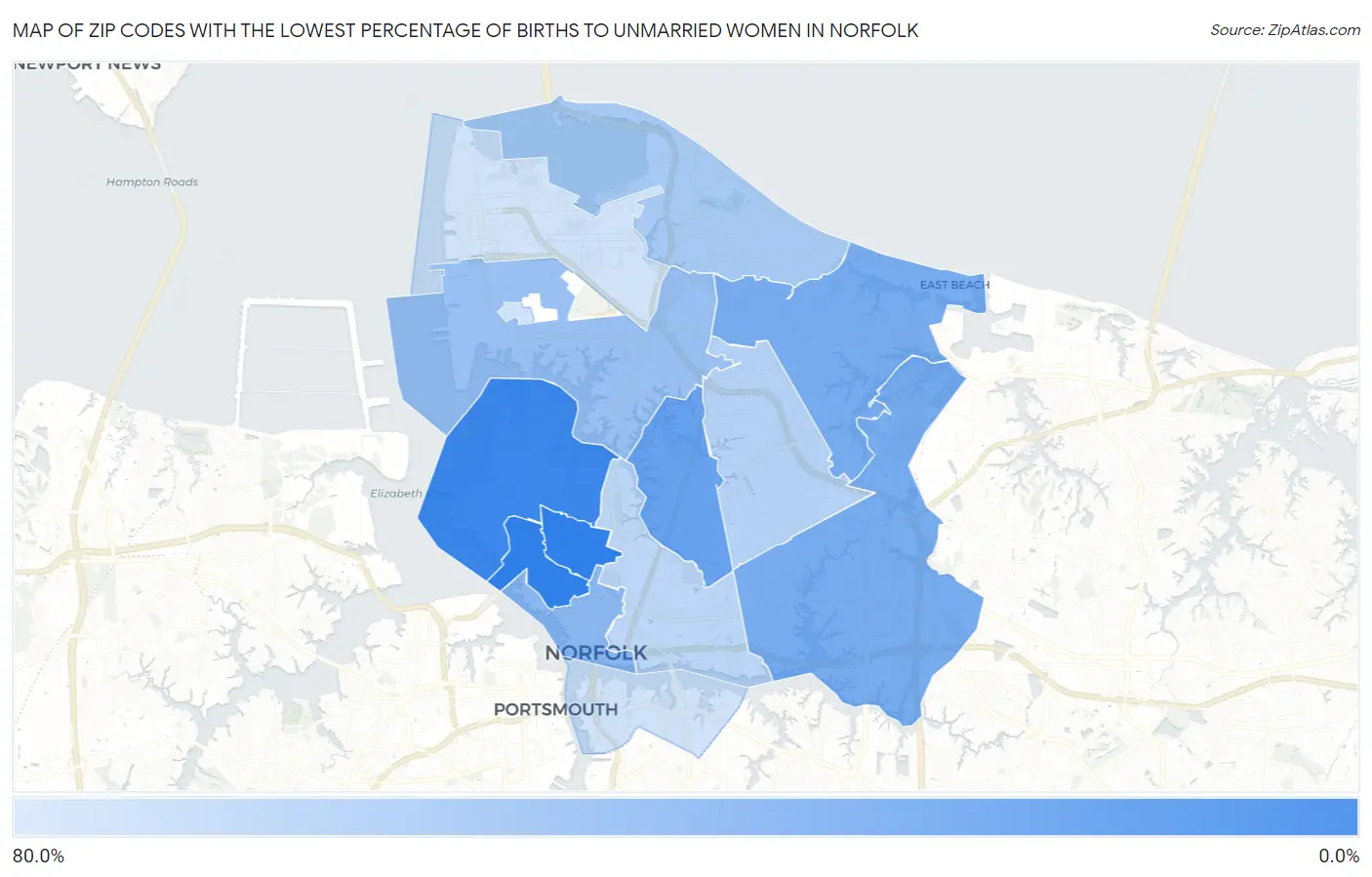 Zip Codes with the Lowest Percentage of Births to Unmarried Women in Norfolk Map