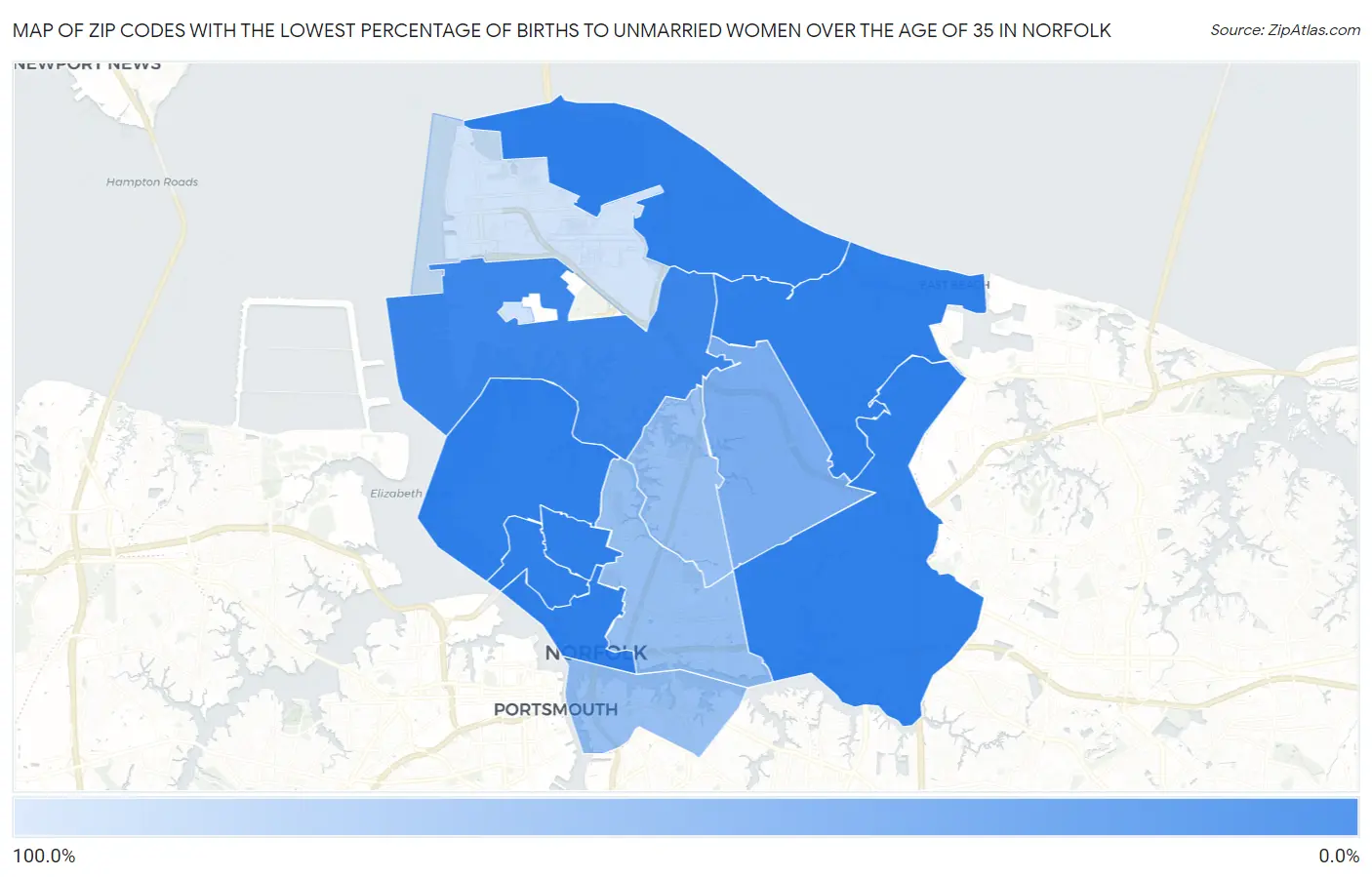 Zip Codes with the Lowest Percentage of Births to Unmarried Women over the Age of 35 in Norfolk Map