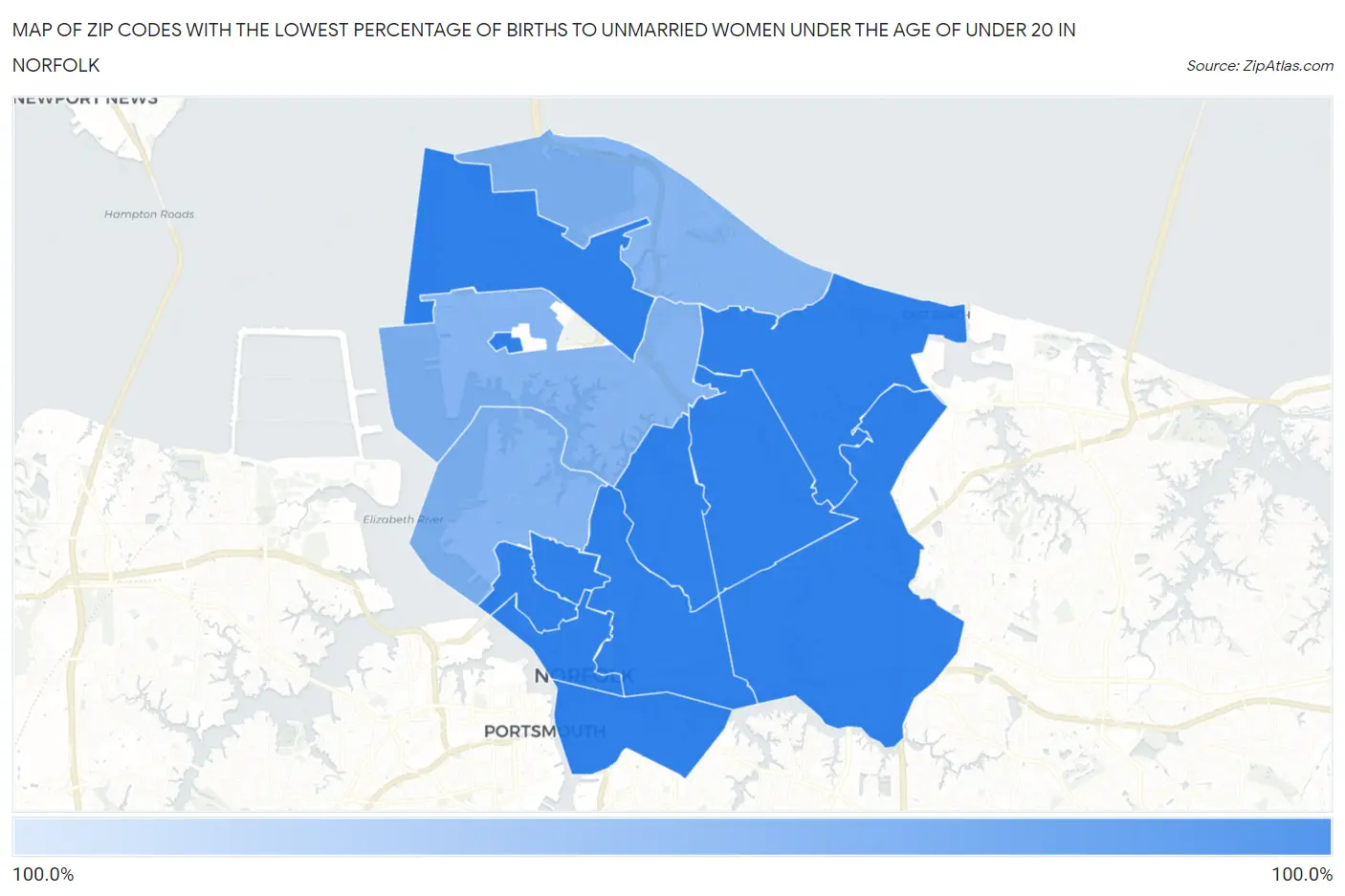 Zip Codes with the Lowest Percentage of Births to Unmarried Women under the Age of under 20 in Norfolk Map