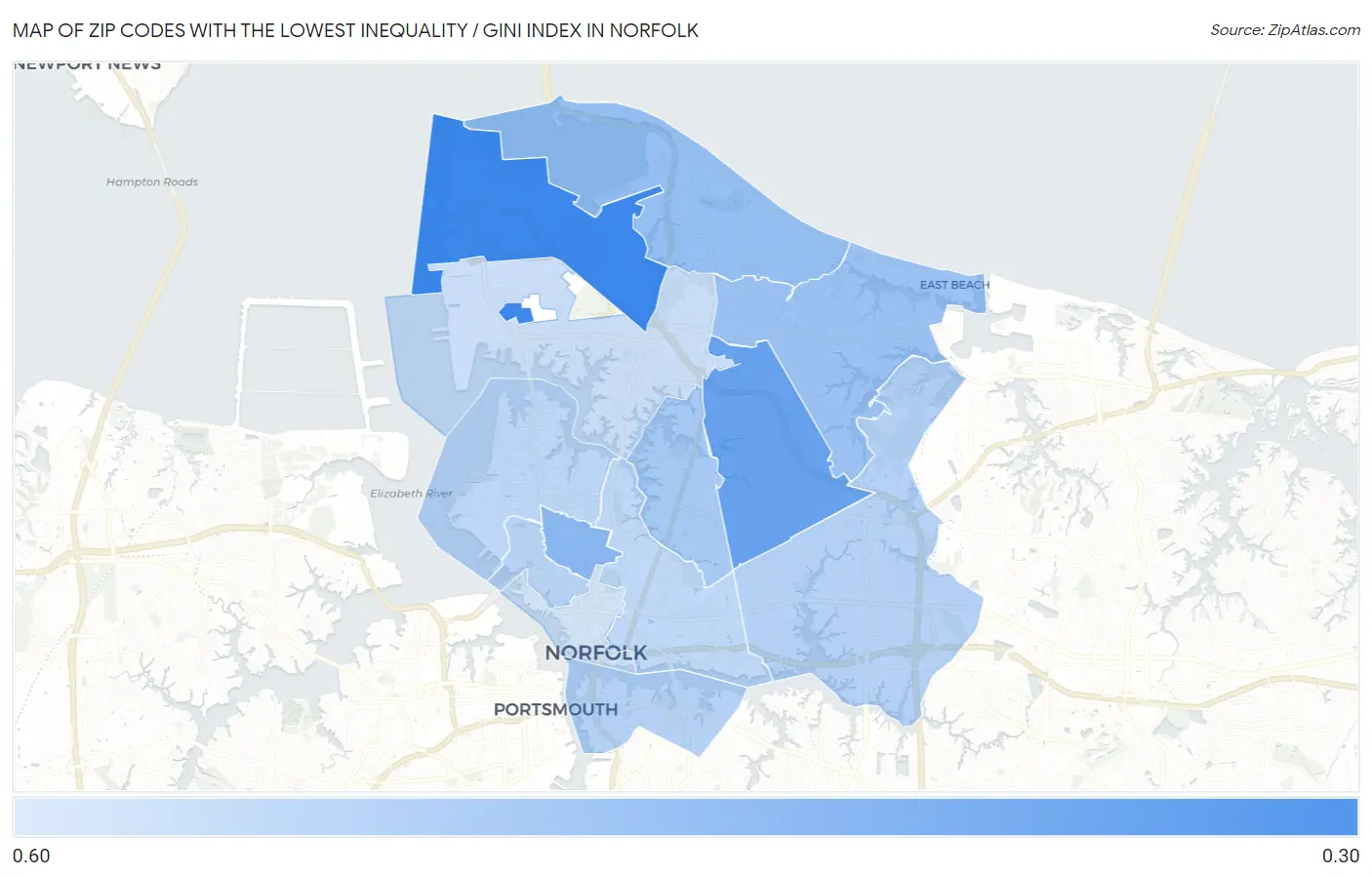 Zip Codes with the Lowest Inequality / Gini Index in Norfolk Map