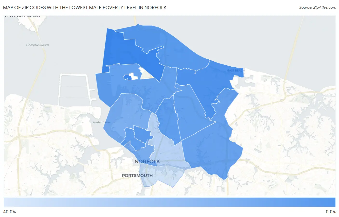 Zip Codes with the Lowest Male Poverty Level in Norfolk Map