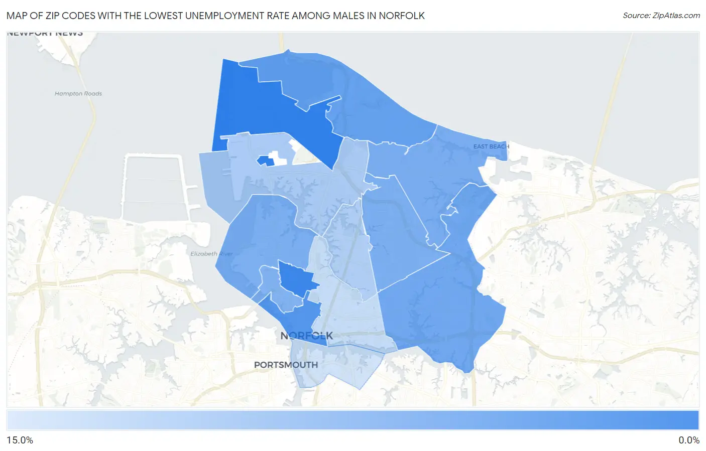 Zip Codes with the Lowest Unemployment Rate Among Males in Norfolk Map