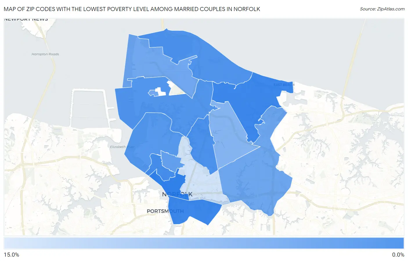 Zip Codes with the Lowest Poverty Level Among Married Couples in Norfolk Map