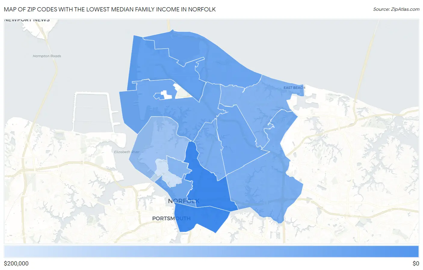 Zip Codes with the Lowest Median Family Income in Norfolk Map