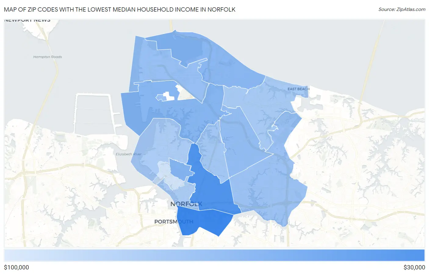 Zip Codes with the Lowest Median Household Income in Norfolk Map