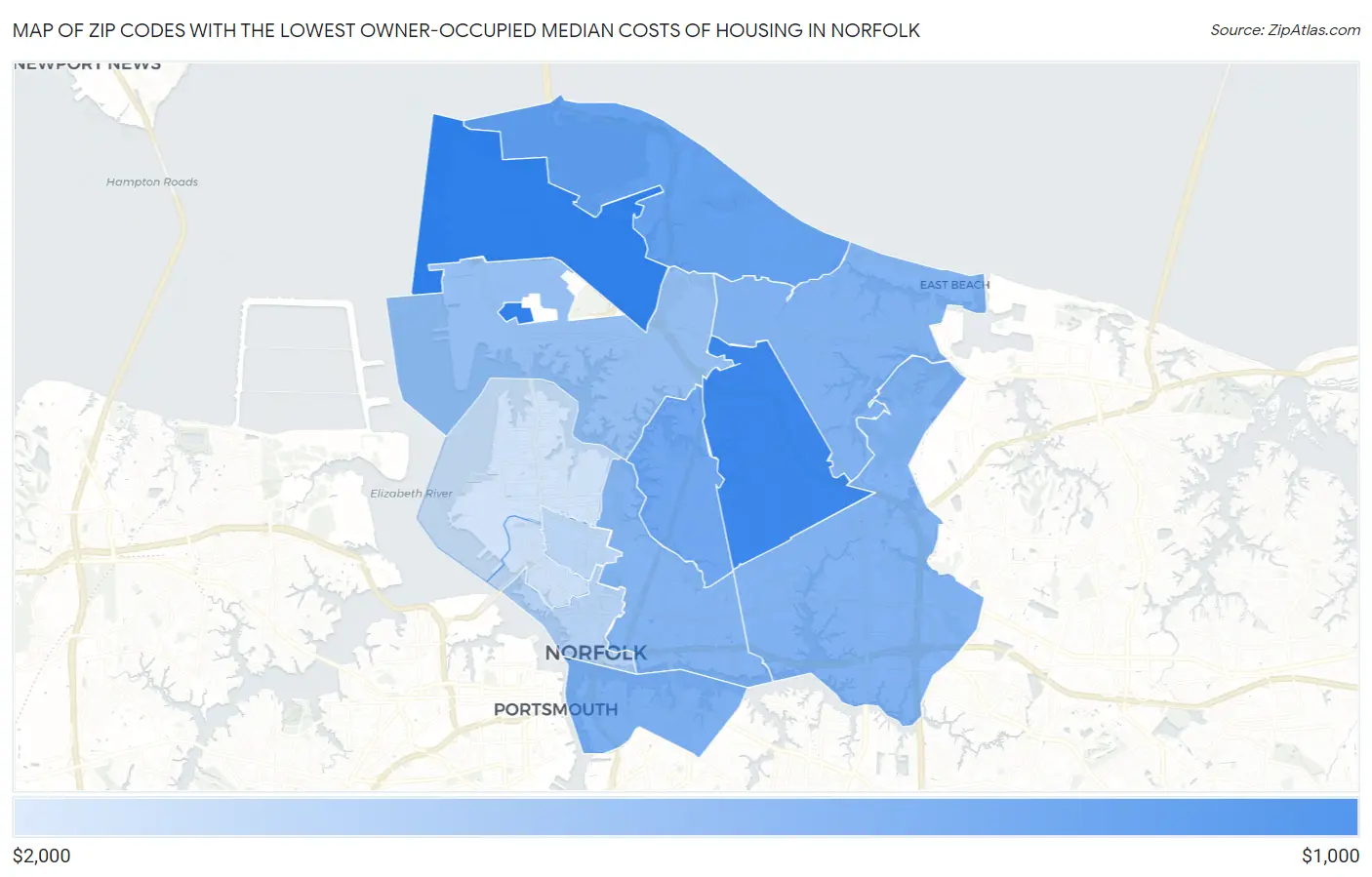 Zip Codes with the Lowest Owner-Occupied Median Costs of Housing in Norfolk Map