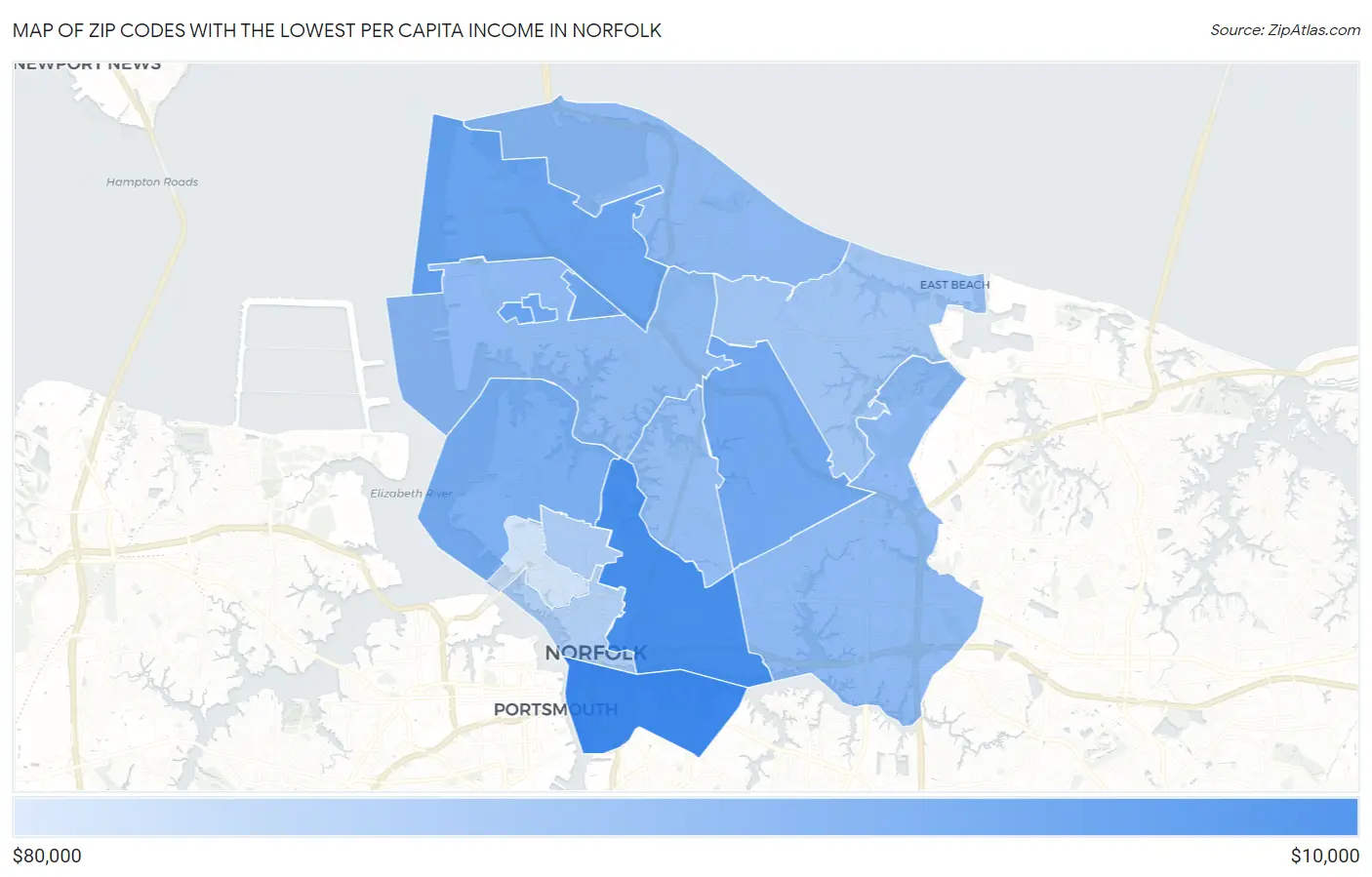 Zip Codes with the Lowest Per Capita Income in Norfolk Map