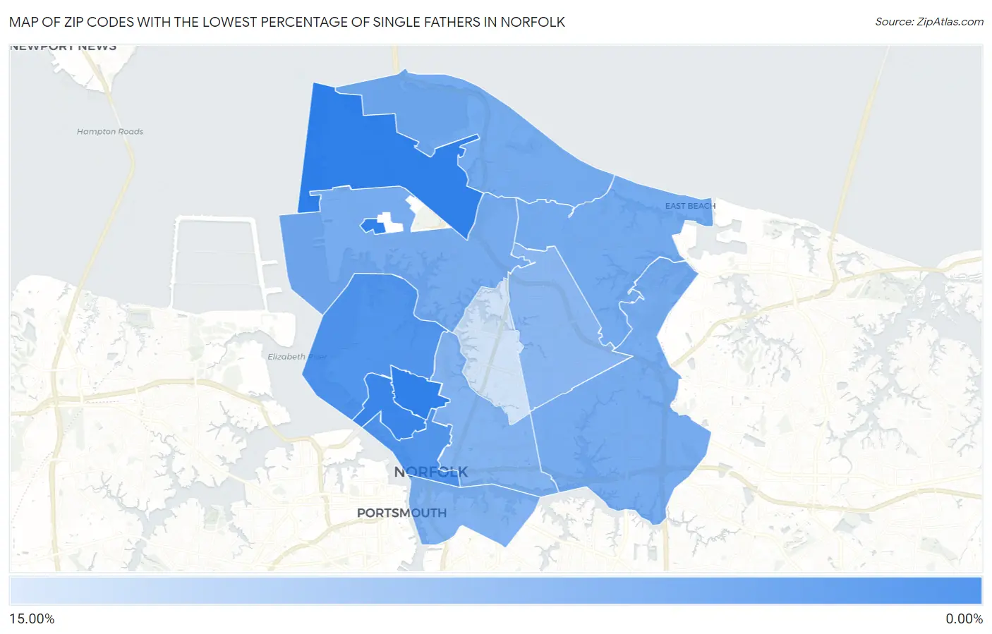 Zip Codes with the Lowest Percentage of Single Fathers in Norfolk Map