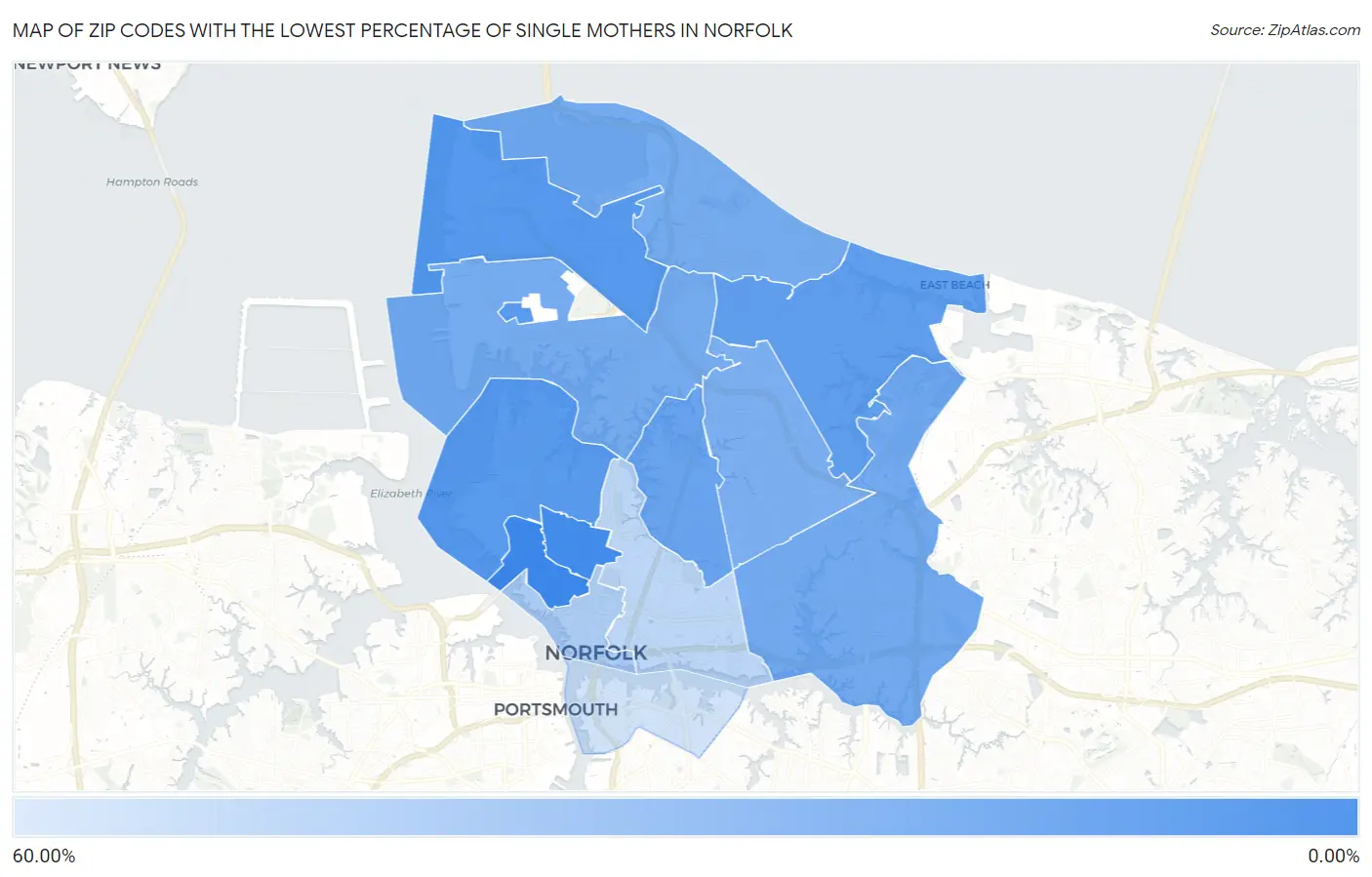Zip Codes with the Lowest Percentage of Single Mothers in Norfolk Map