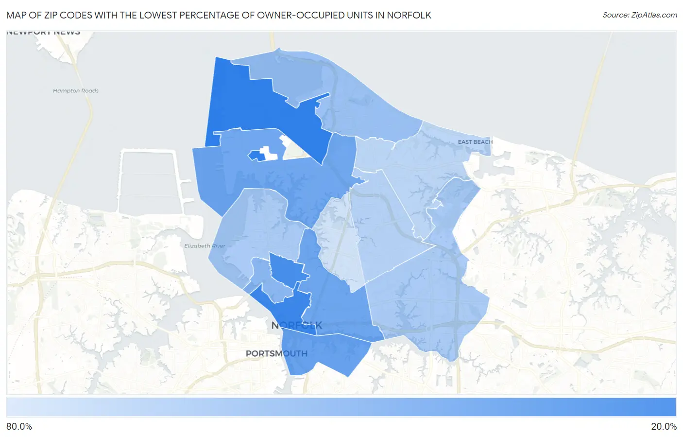 Zip Codes with the Lowest Percentage of Owner-Occupied Units in Norfolk Map