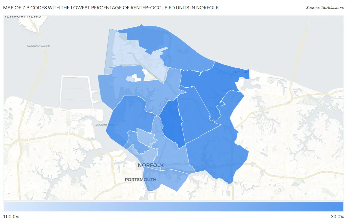 Zip Codes with the Lowest Percentage of Renter-Occupied Units in Norfolk Map