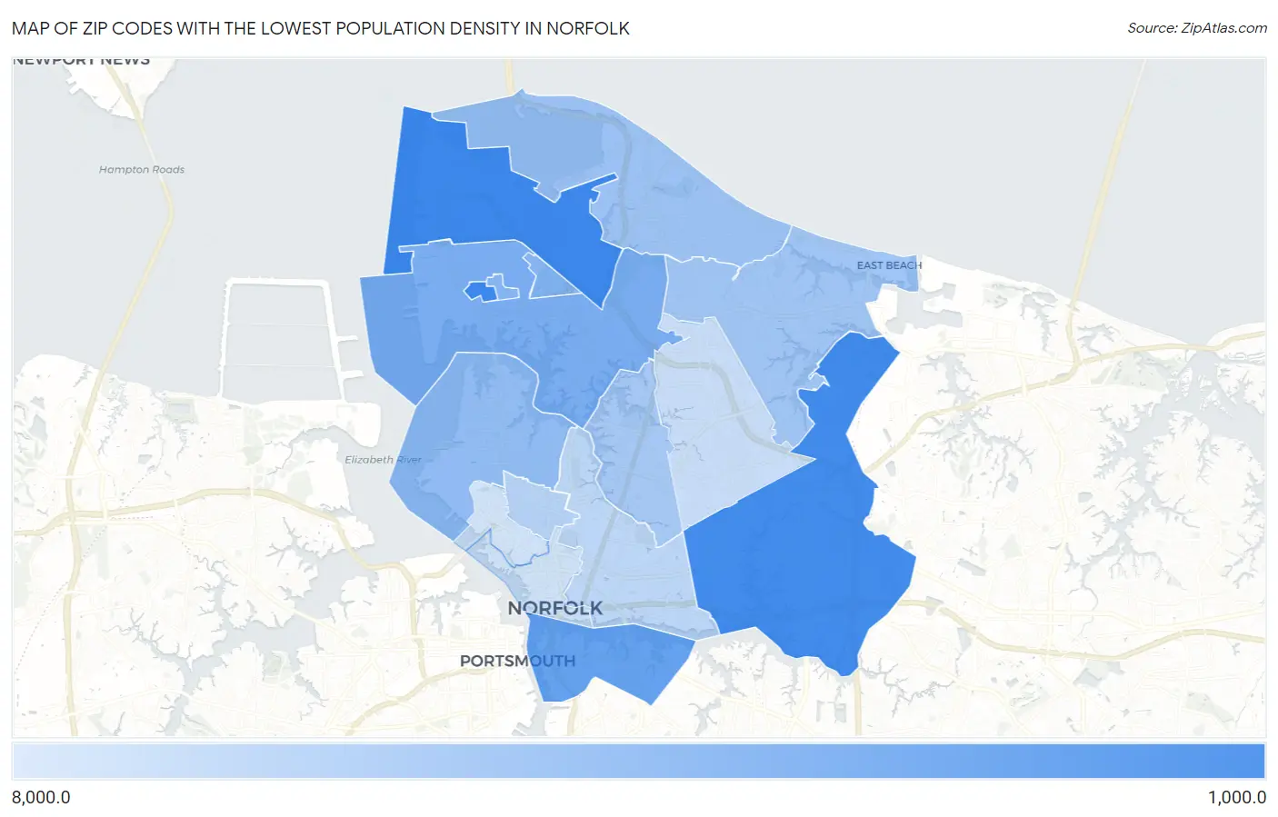 Zip Codes with the Lowest Population Density in Norfolk Map