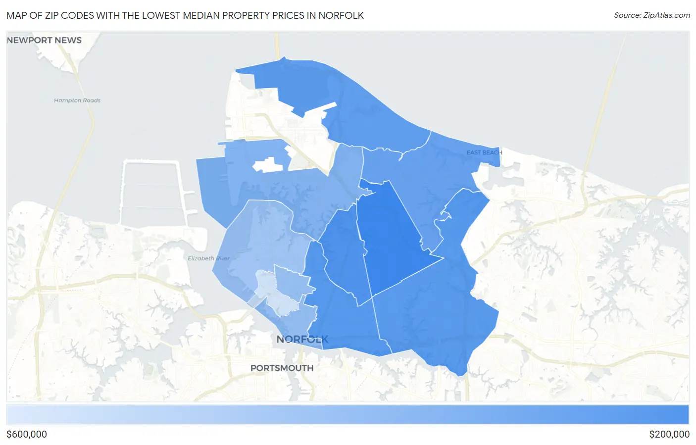 Zip Codes with the Lowest Median Property Prices in Norfolk Map