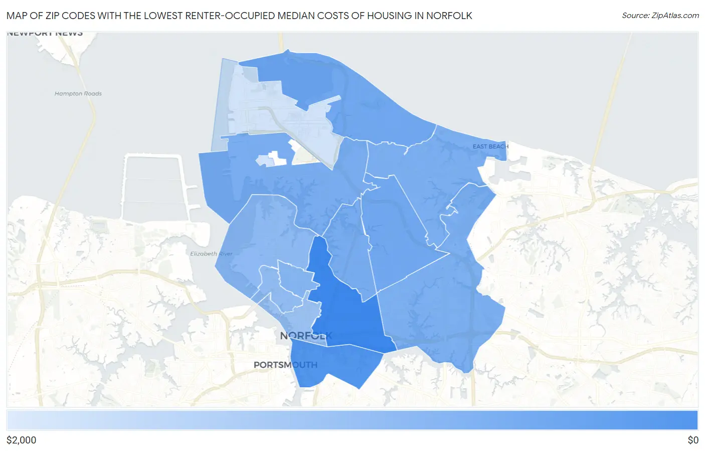Zip Codes with the Lowest Renter-Occupied Median Costs of Housing in Norfolk Map