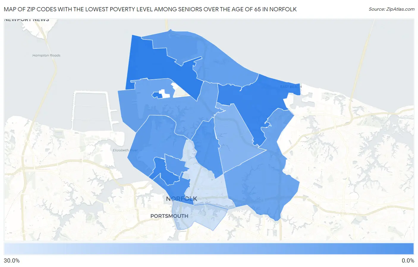 Zip Codes with the Lowest Poverty Level Among Seniors Over the Age of 65 in Norfolk Map