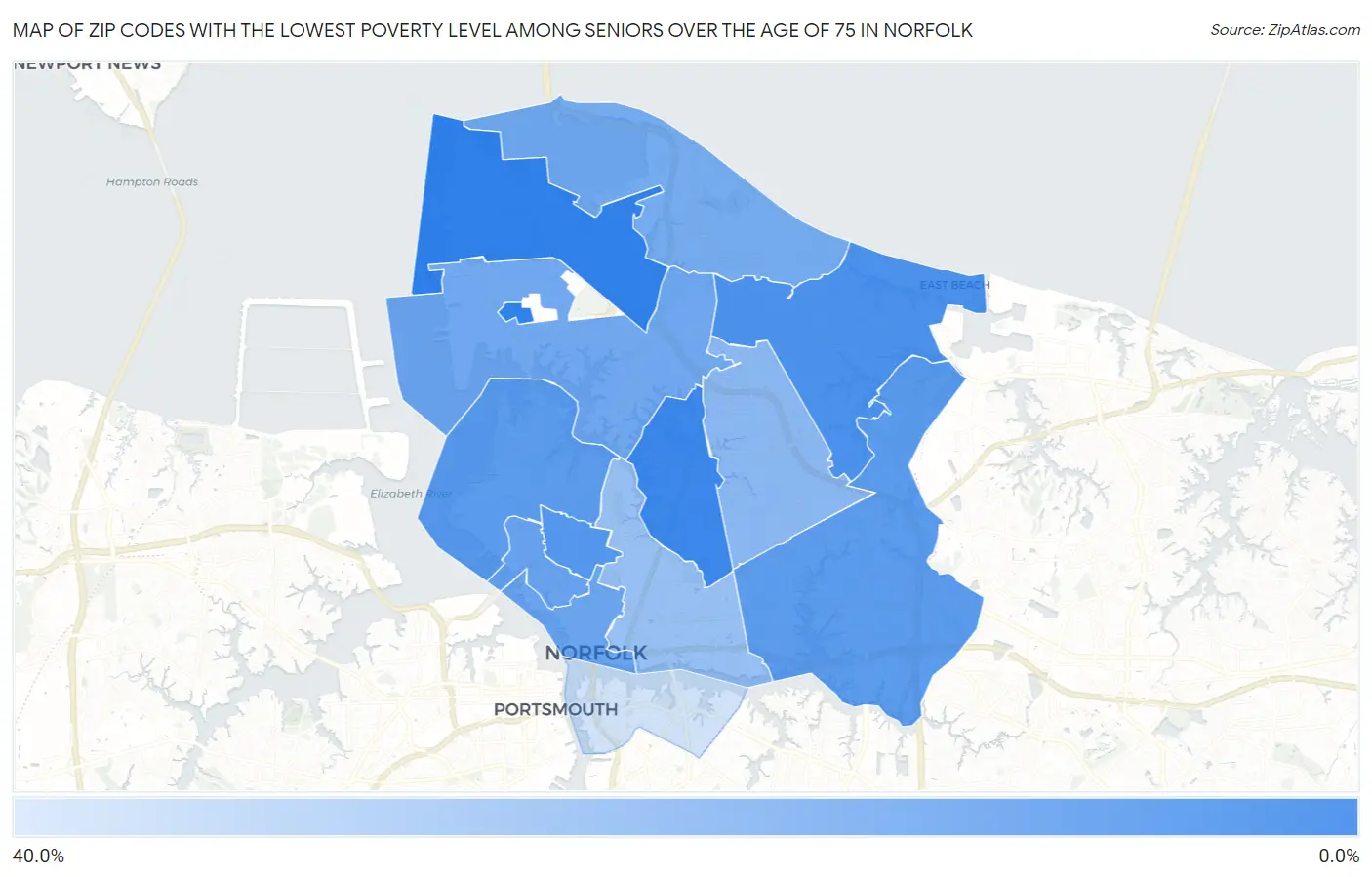 Zip Codes with the Lowest Poverty Level Among Seniors Over the Age of 75 in Norfolk Map