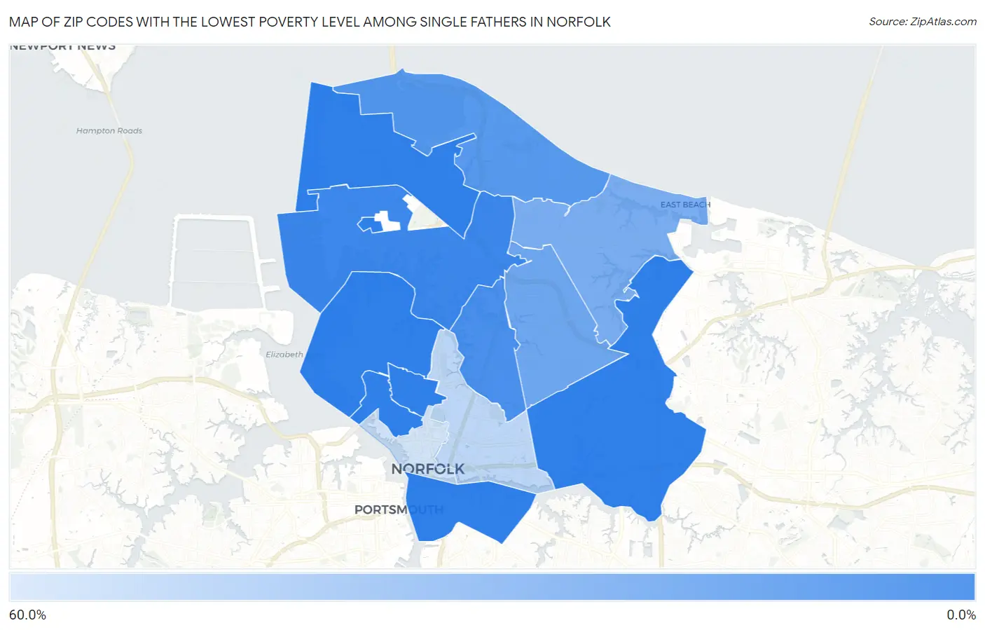 Zip Codes with the Lowest Poverty Level Among Single Fathers in Norfolk Map