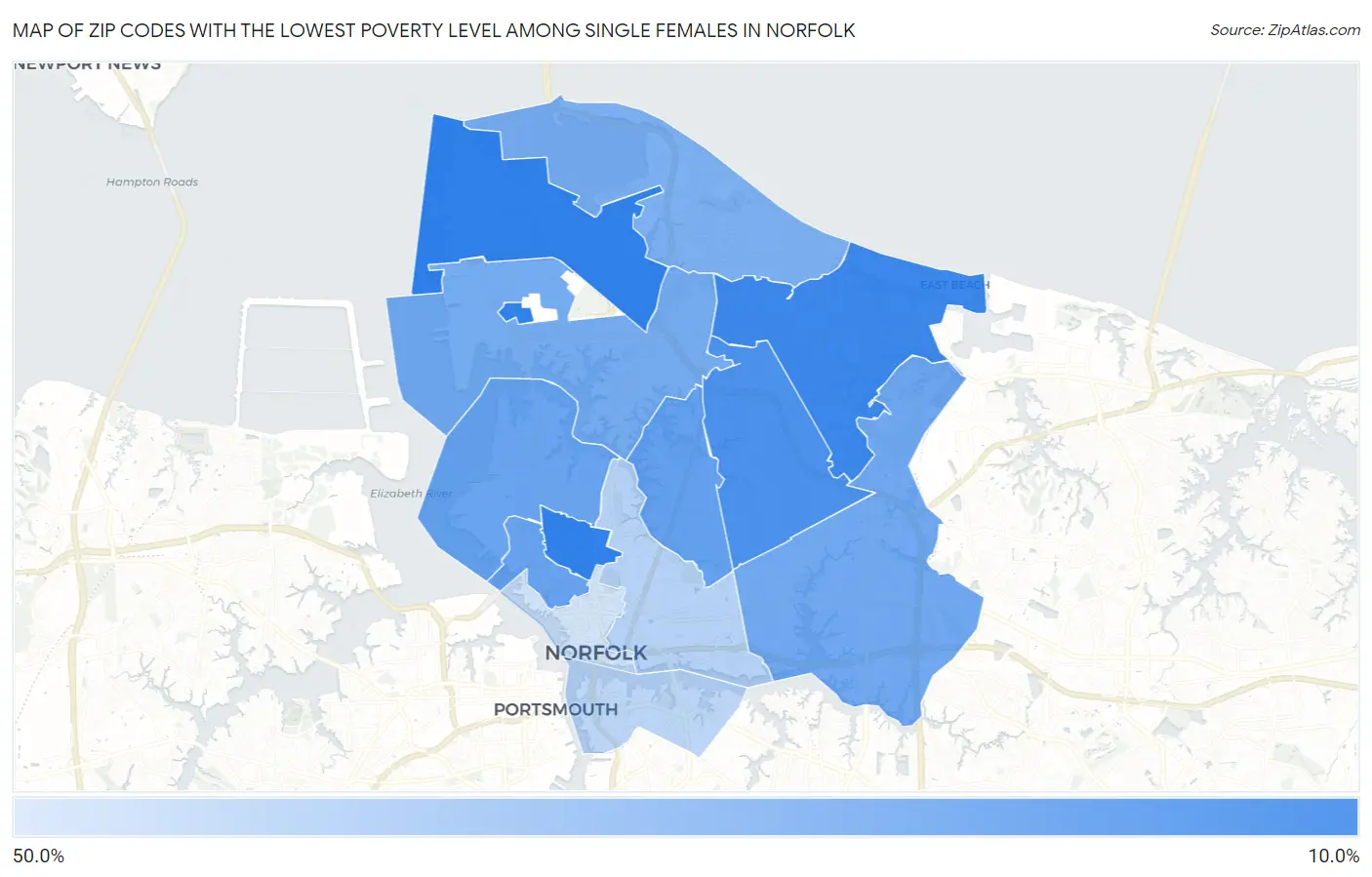Zip Codes with the Lowest Poverty Level Among Single Females in Norfolk Map