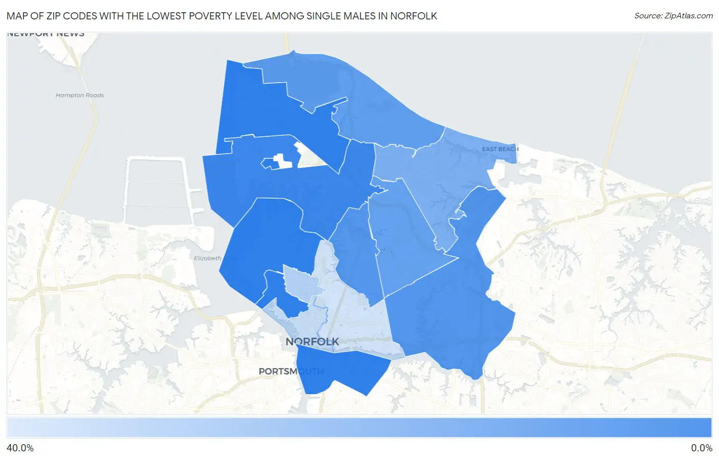 Zip Codes with the Lowest Poverty Level Among Single Males in Norfolk Map