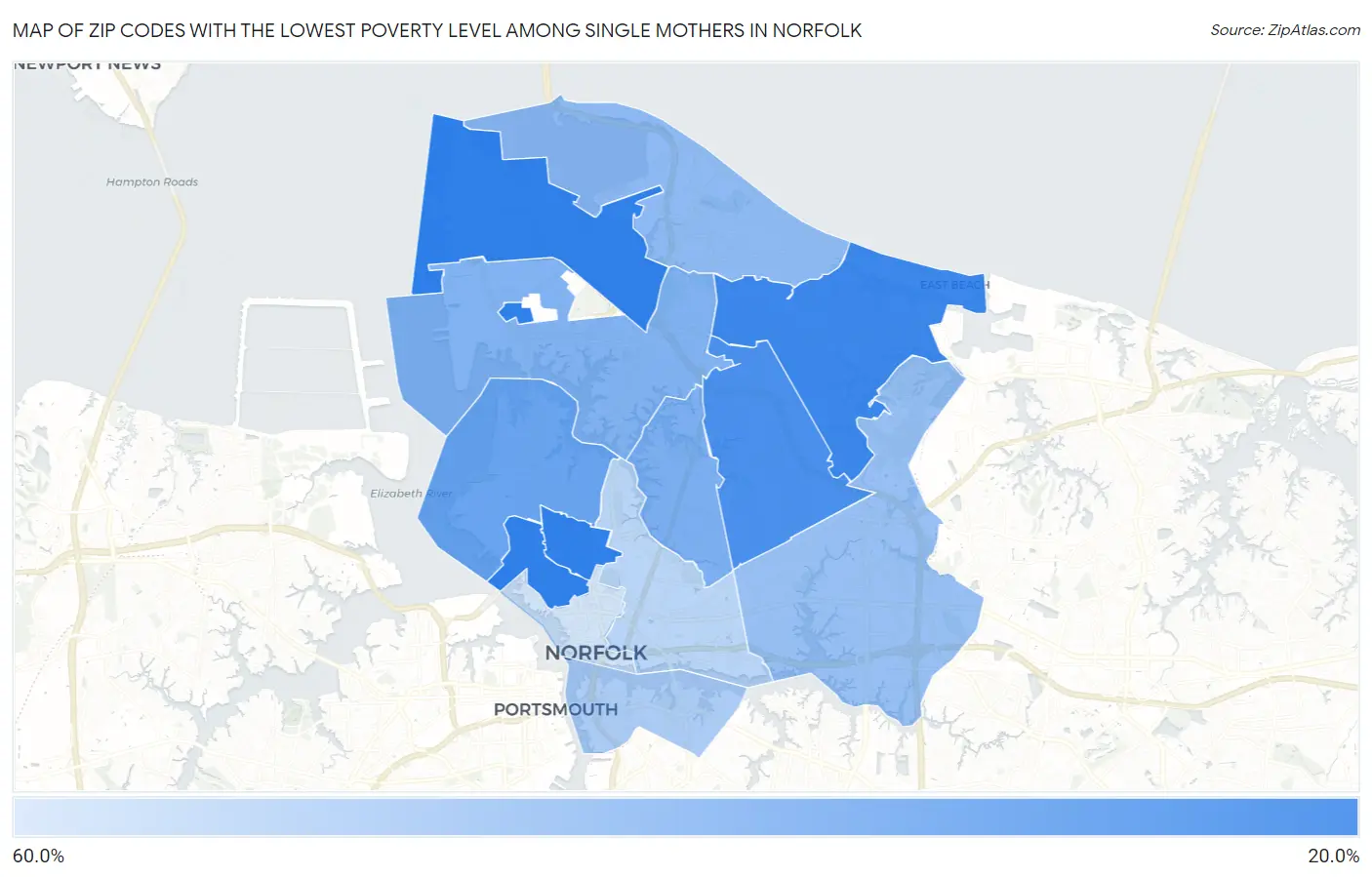 Zip Codes with the Lowest Poverty Level Among Single Mothers in Norfolk Map
