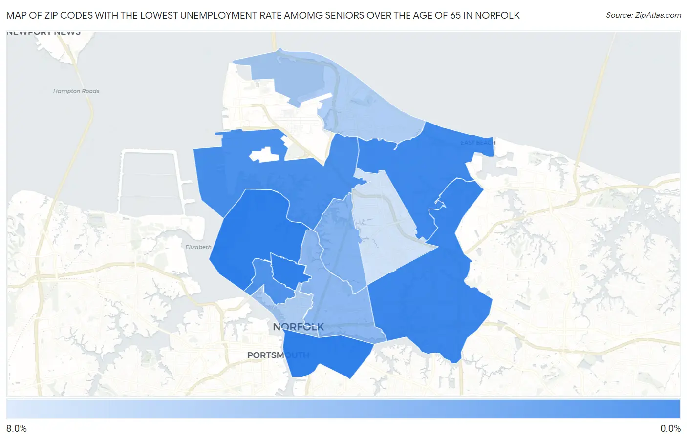 Zip Codes with the Lowest Unemployment Rate Amomg Seniors Over the Age of 65 in Norfolk Map