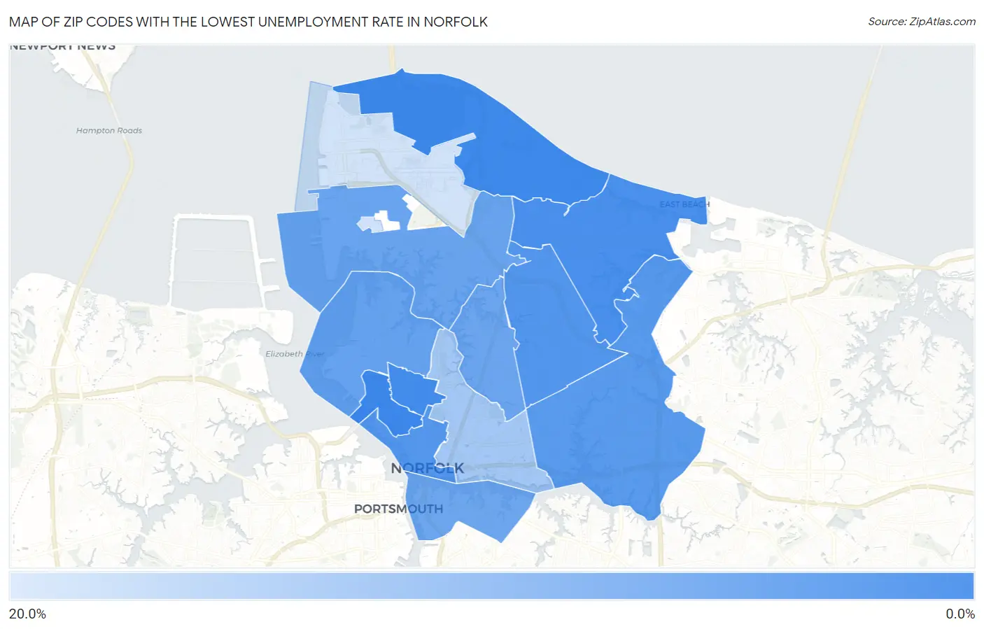 Zip Codes with the Lowest Unemployment Rate in Norfolk Map