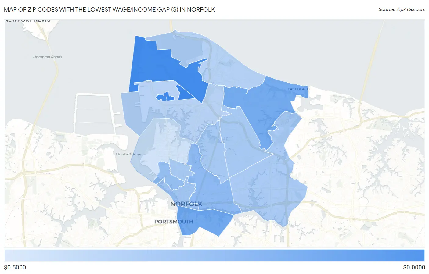 Zip Codes with the Lowest Wage/Income Gap ($) in Norfolk Map