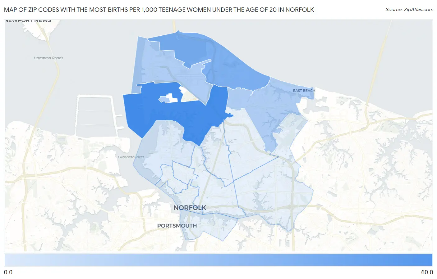 Zip Codes with the Most Births per 1,000 Teenage Women Under the Age of 20 in Norfolk Map