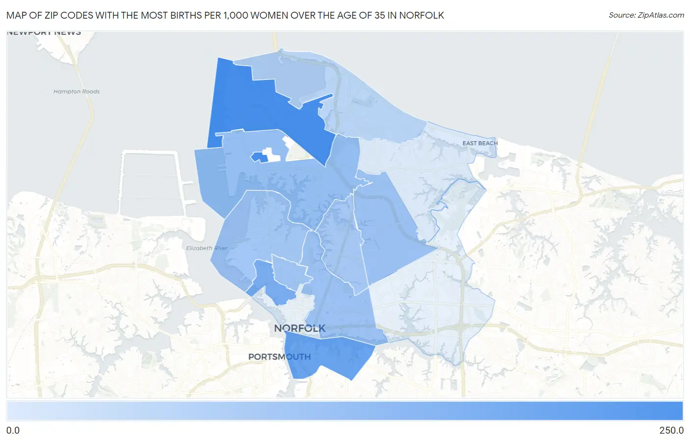 Zip Codes with the Most Births per 1,000 Women Over the Age of 35 in Norfolk Map