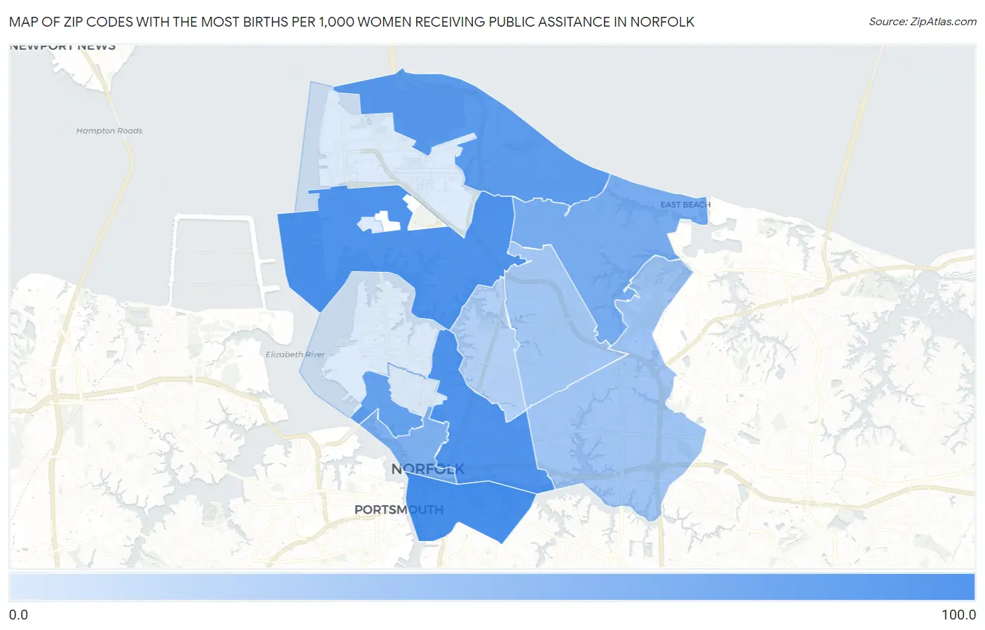 Zip Codes with the Most Births per 1,000 Women Receiving Public Assitance in Norfolk Map