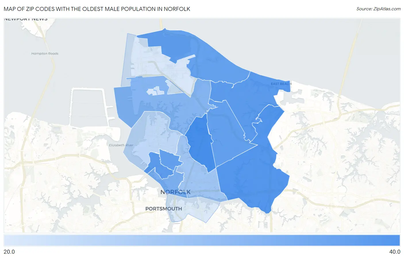 Zip Codes with the Oldest Male Population in Norfolk Map