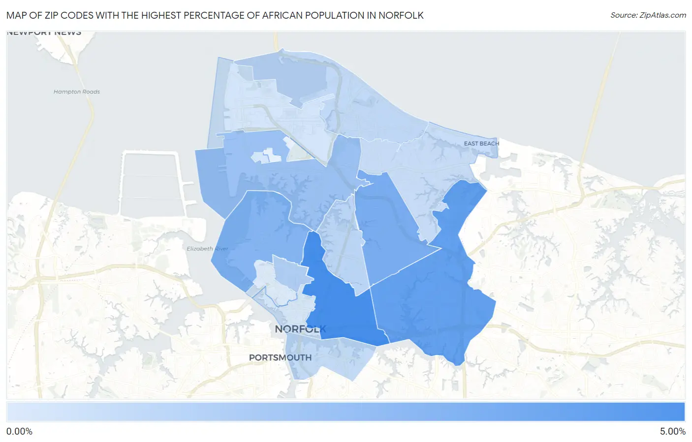 Zip Codes with the Highest Percentage of African Population in Norfolk Map