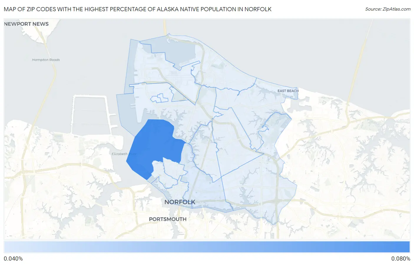 Zip Codes with the Highest Percentage of Alaska Native Population in Norfolk Map