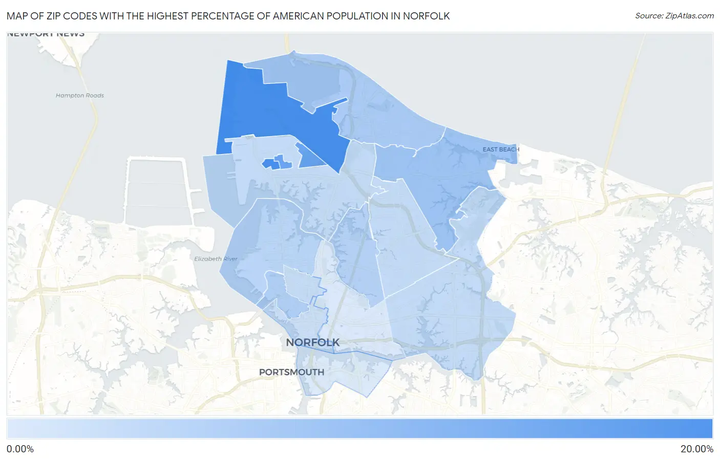 Zip Codes with the Highest Percentage of American Population in Norfolk Map