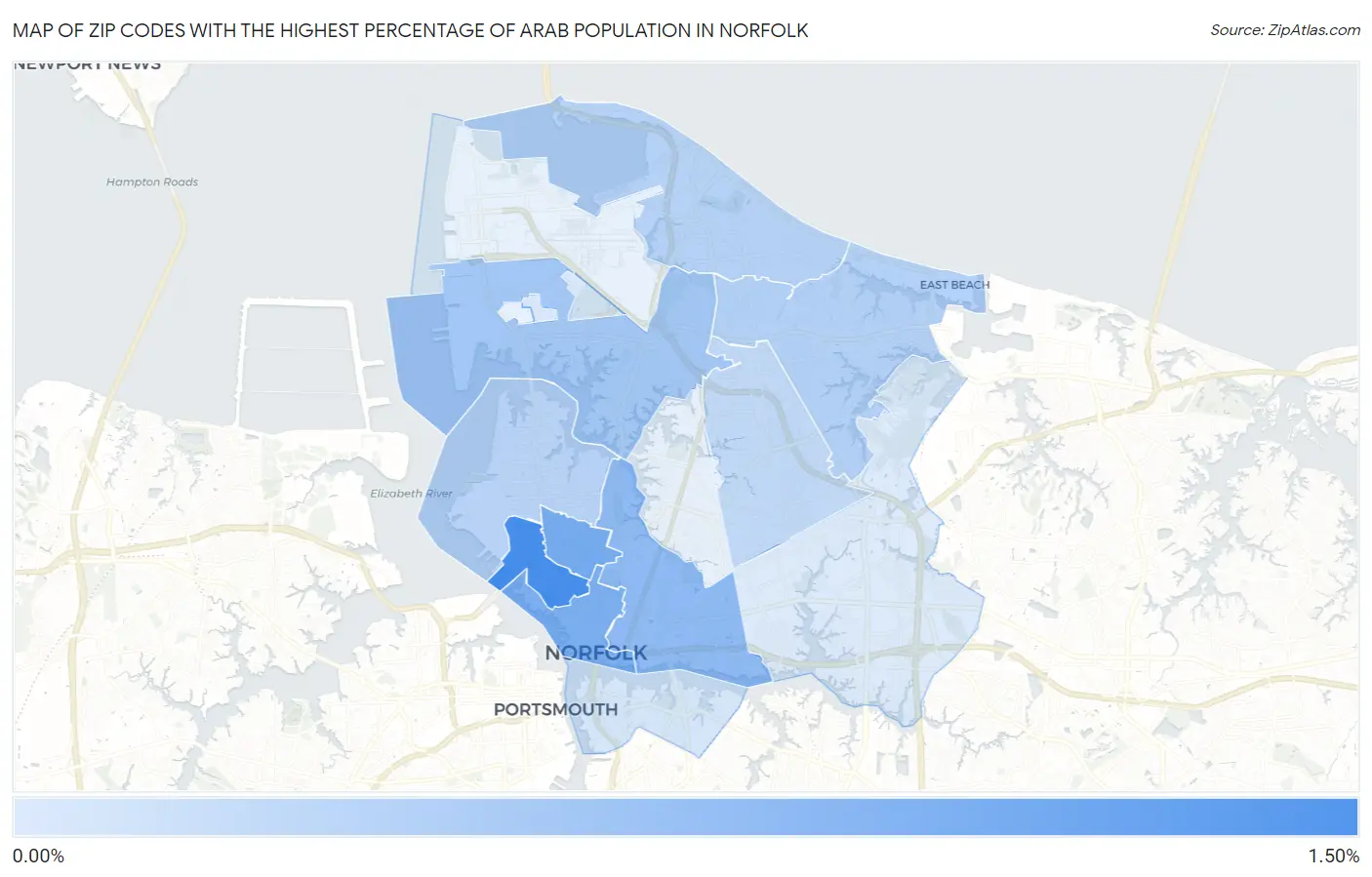 Zip Codes with the Highest Percentage of Arab Population in Norfolk Map