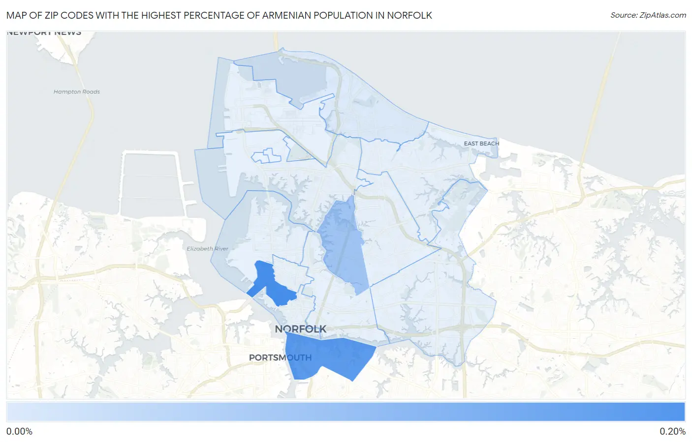 Zip Codes with the Highest Percentage of Armenian Population in Norfolk Map