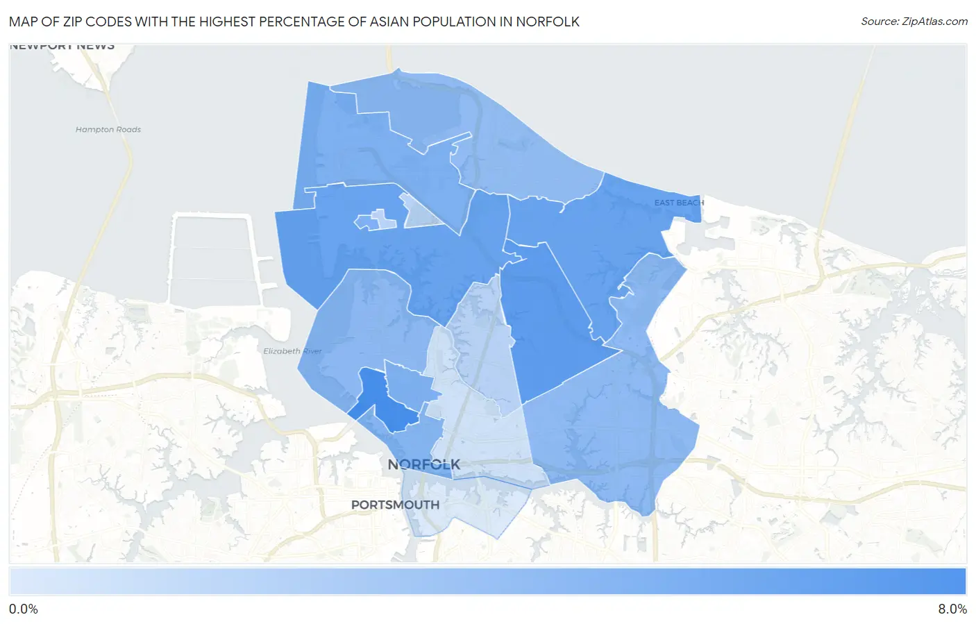Zip Codes with the Highest Percentage of Asian Population in Norfolk Map
