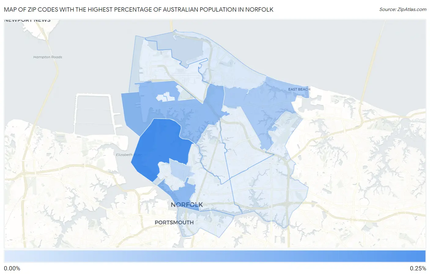 Zip Codes with the Highest Percentage of Australian Population in Norfolk Map