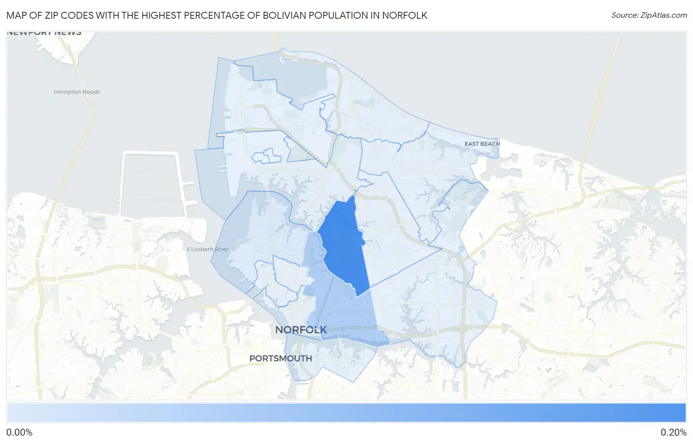 Zip Codes with the Highest Percentage of Bolivian Population in Norfolk Map