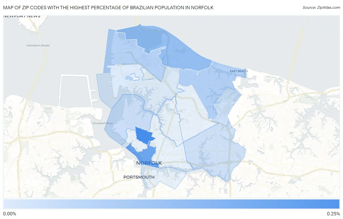 Zip Codes with the Highest Percentage of Brazilian Population in Norfolk Map